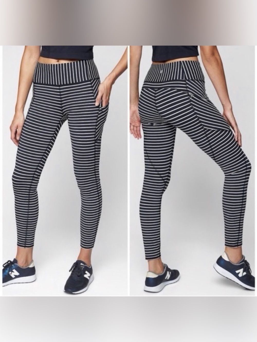 ⁠Athleta Stripe Contender 7/8 Tights Small Black White Striped Pocket Leggings⁠
